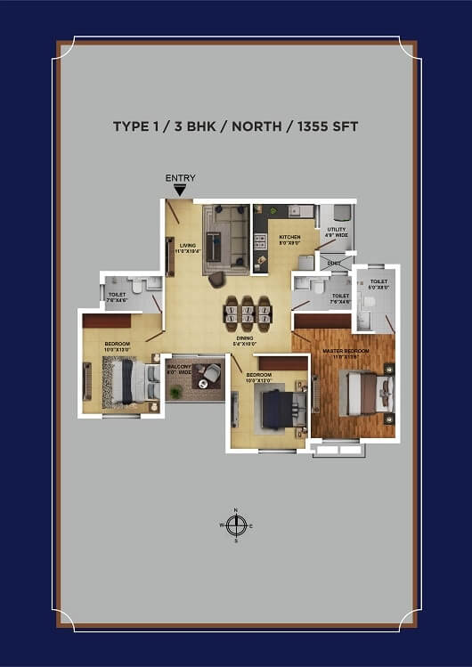 3 BHK - 1355 - Ramky One Karnival E City