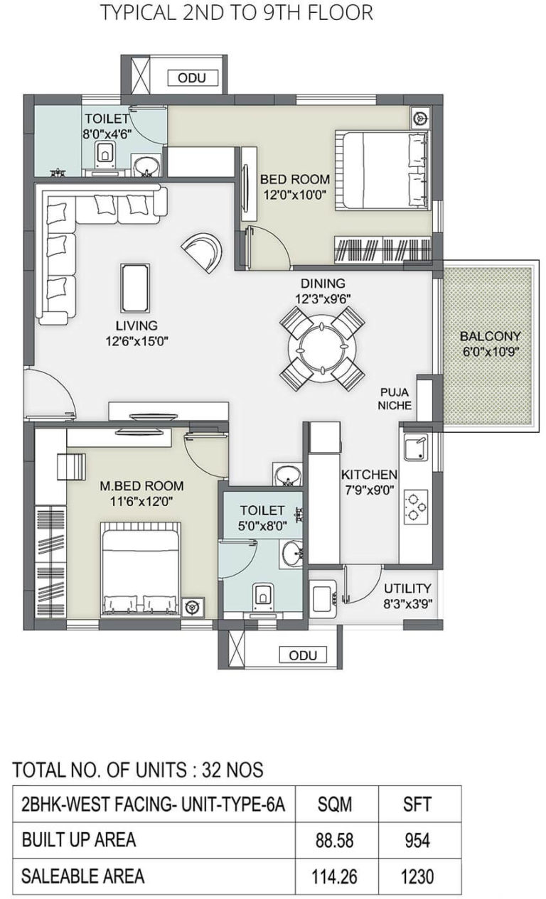 2 BHK - 1230 - Ambience Courtyard Manikonda