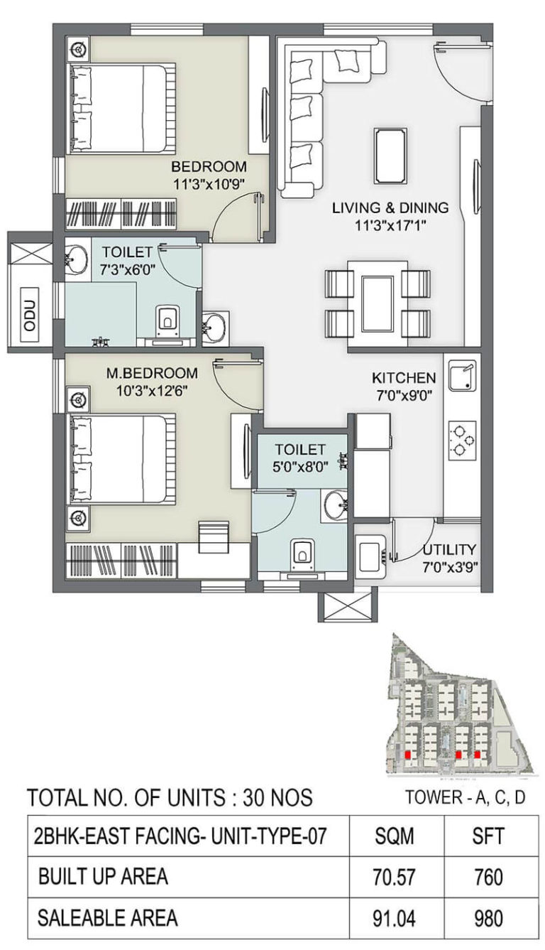 2 BHK - 980 - Ambience Courtyard Manikonda