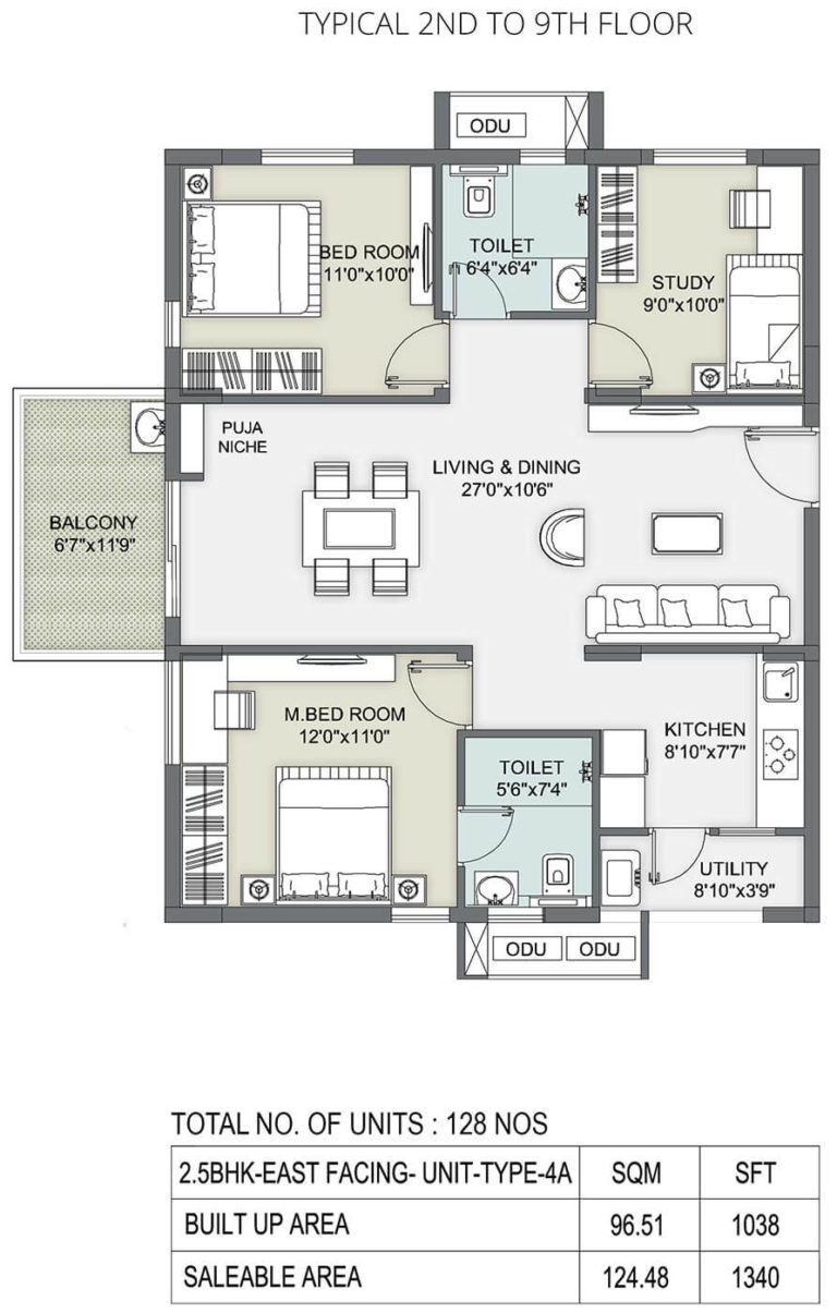 2.5 BHK - 1340 - Ambience Courtyard Manikonda