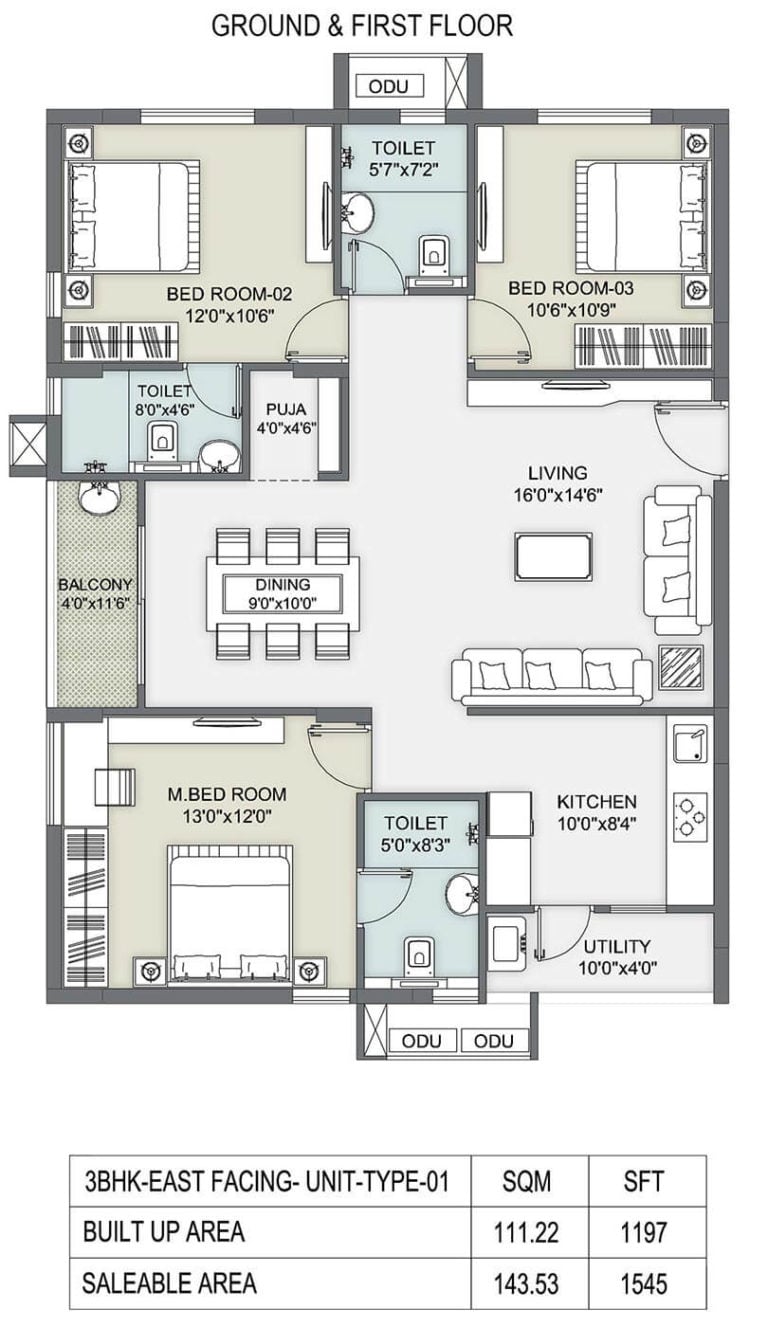 3 BHK - 1545 - Ambience Courtyard Manikonda
