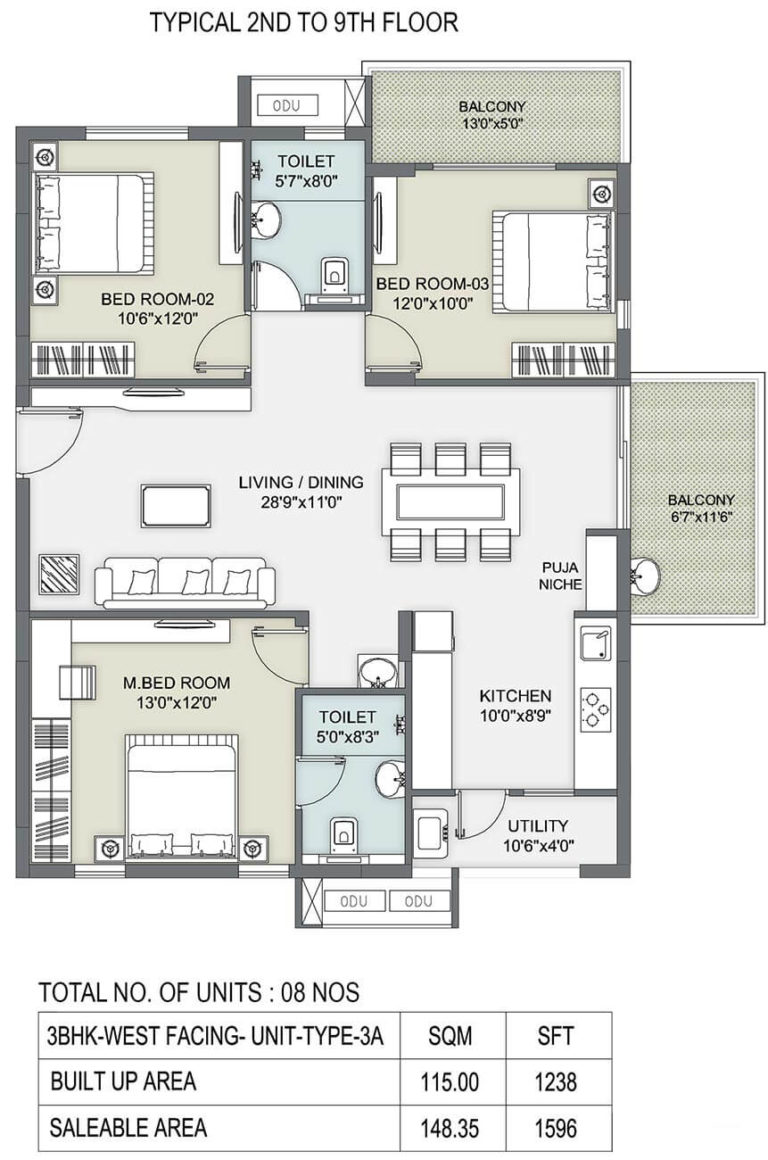 3 BHK - 1596 - Ambience Courtyard Manikonda