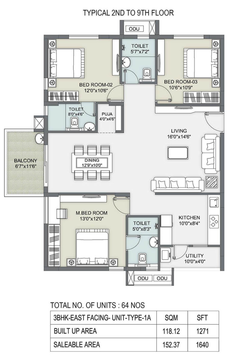 3 BHK - 1640 - Ambience Courtyard Manikonda