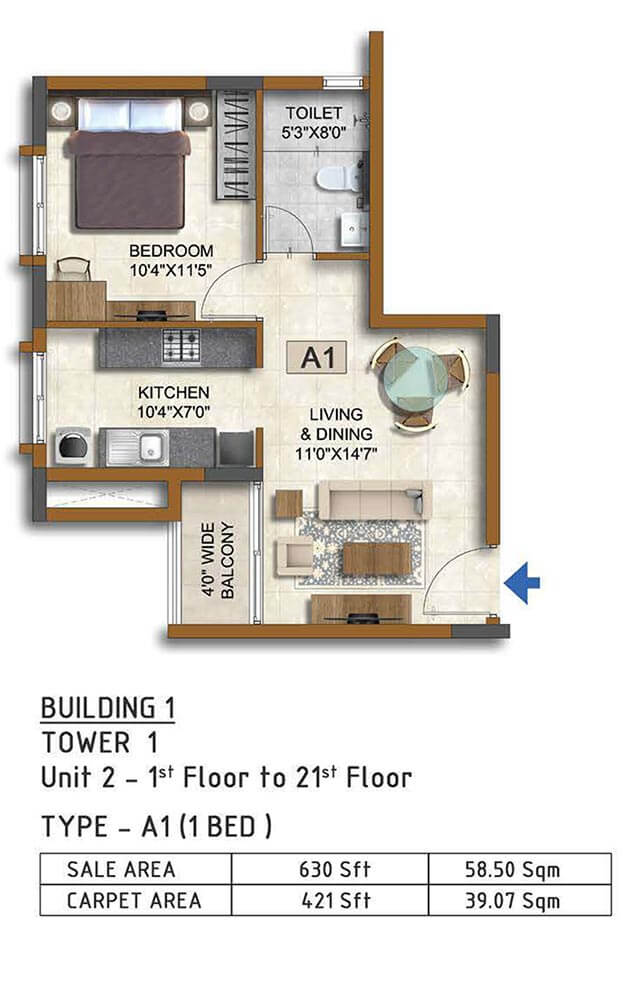 1 BHK 630 - Prestige Waterford ECC Road Whitefield