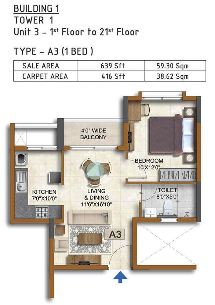 1 BHK 639 - Prestige Waterford ECC Road Whitefield