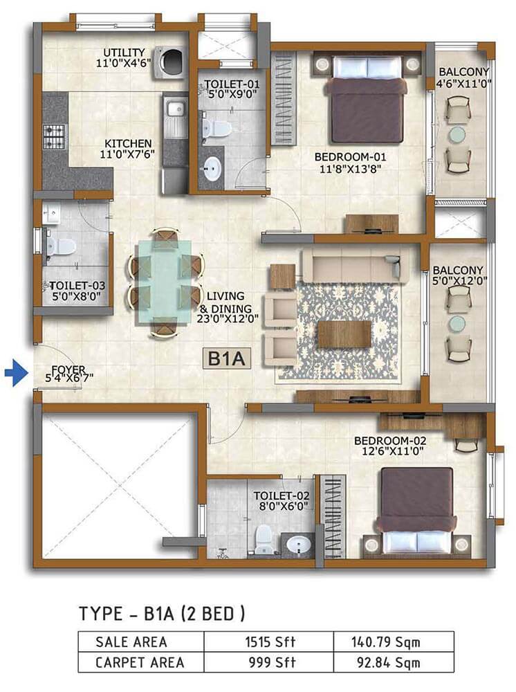 2 BHK 1515 - Prestige Waterford ECC Road Whitefield