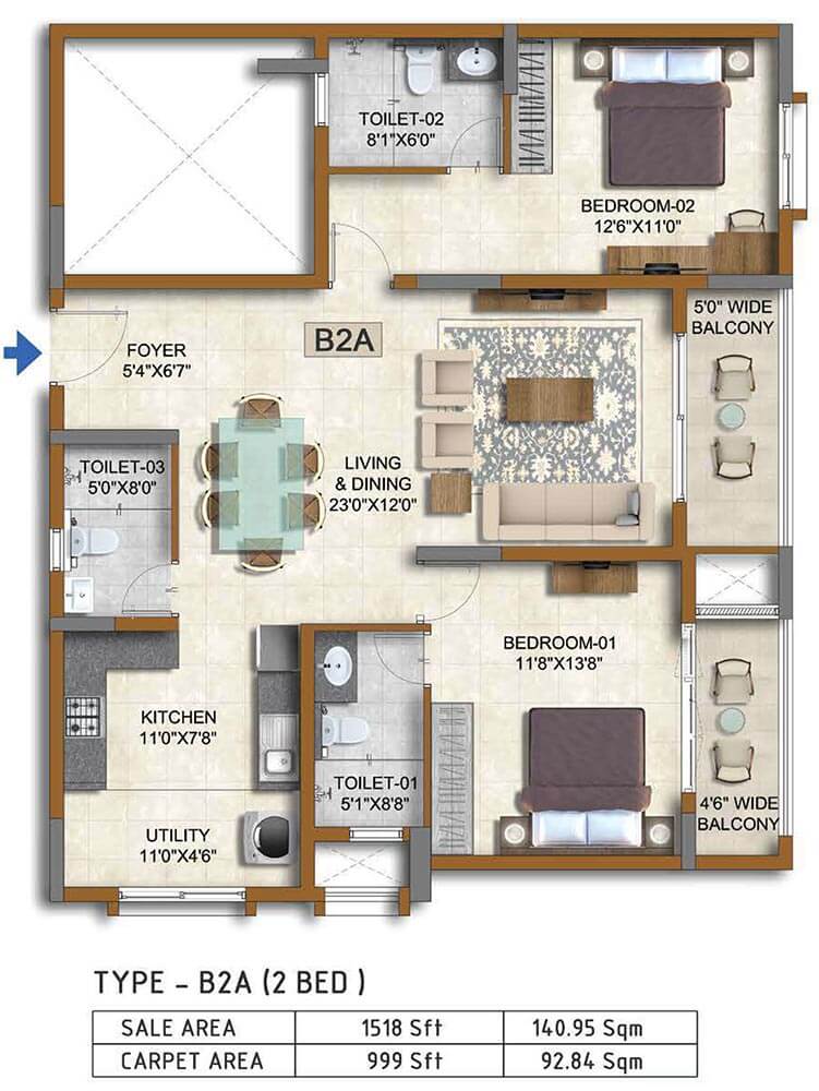 2 BHK 1518 - Prestige Waterford ECC Road Whitefield