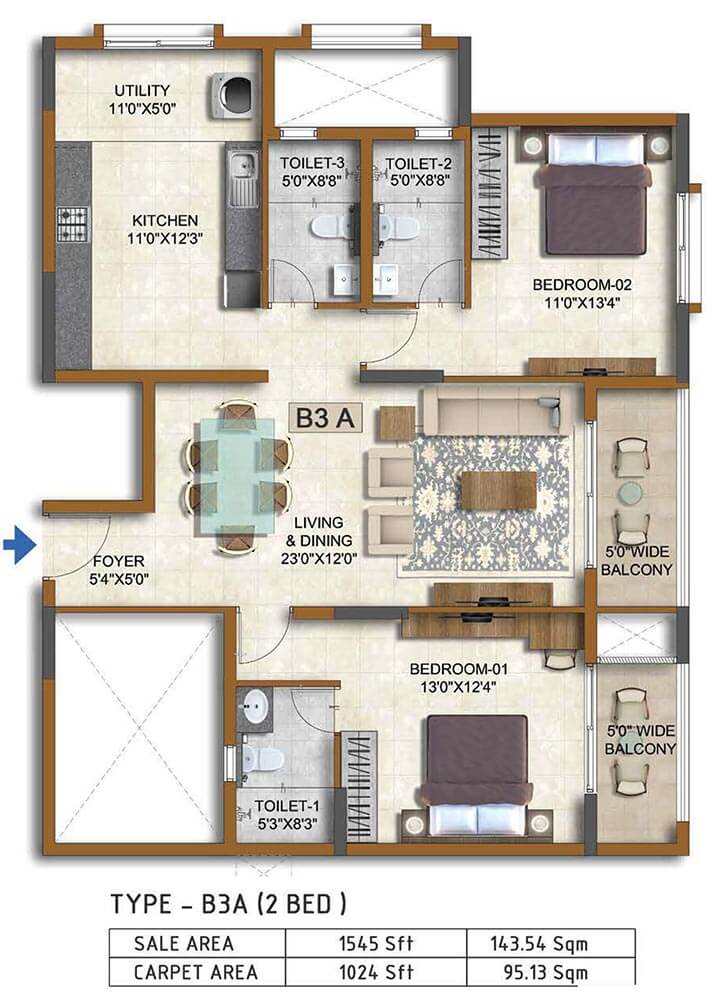 2 BHK 1545 - Prestige Waterford ECC Road Whitefield