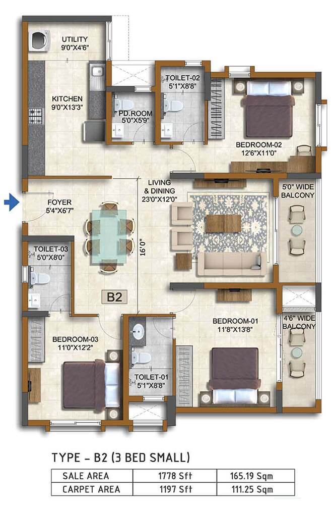 2 BHK 1778 - Prestige Waterford ECC Road Whitefield