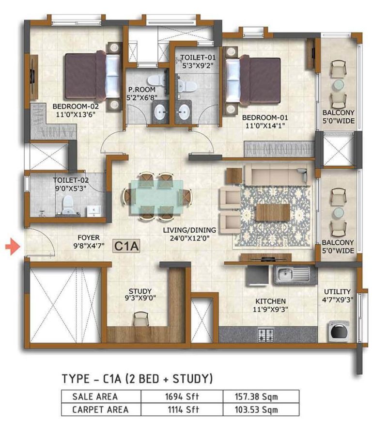 2 BHK Study 1694 - Prestige Waterford ECC Road Whitefield