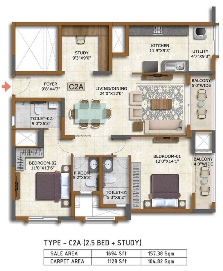 2.5 BHK Study 1694 - Prestige Waterford ECC Road Whitefield