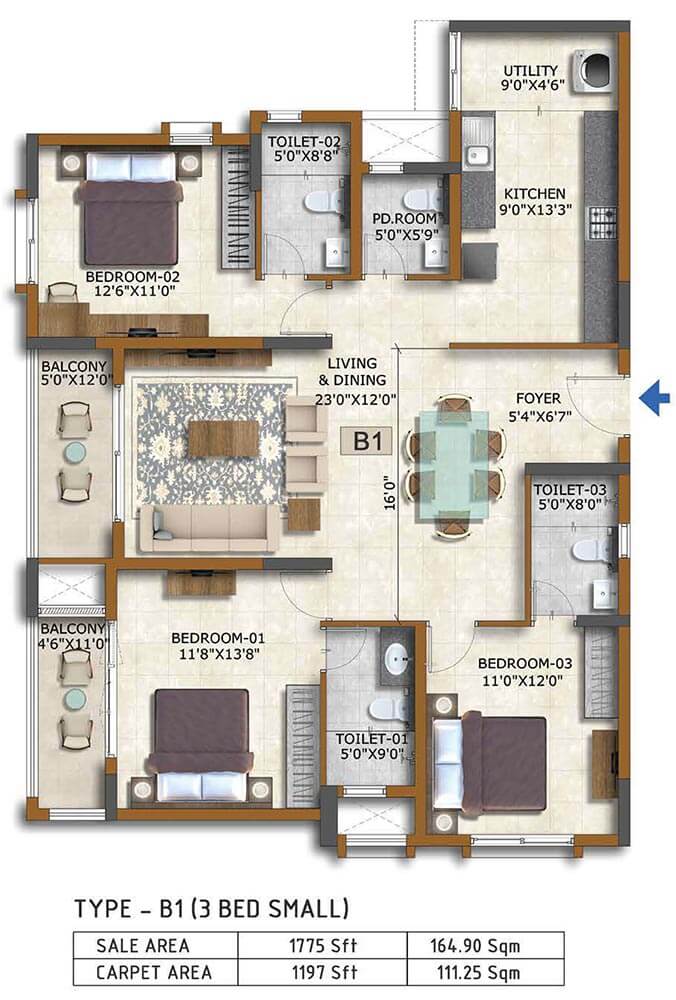 3 BHK 1775 - Prestige Waterford ECC Road Whitefield