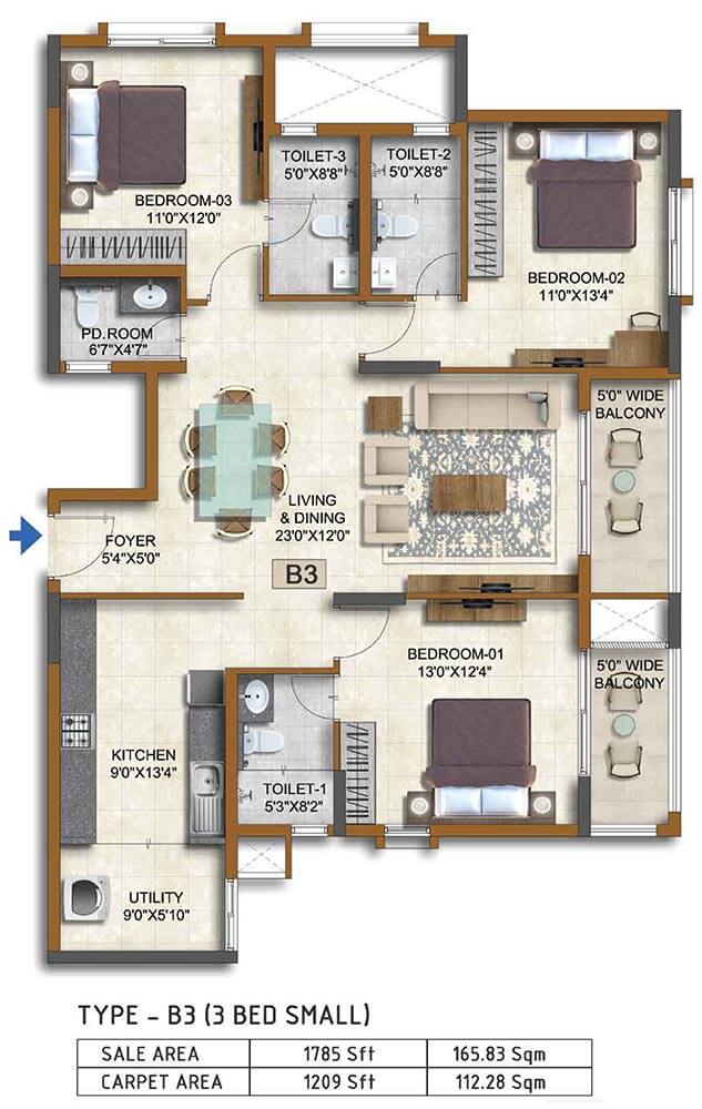 3 BHK 1785 - Prestige Waterford ECC Road Whitefield