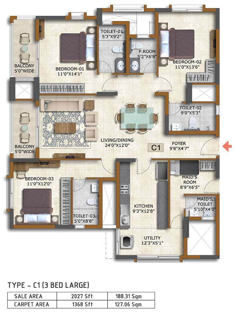 3 BHK 2027 - Prestige Waterford ECC Road Whitefield
