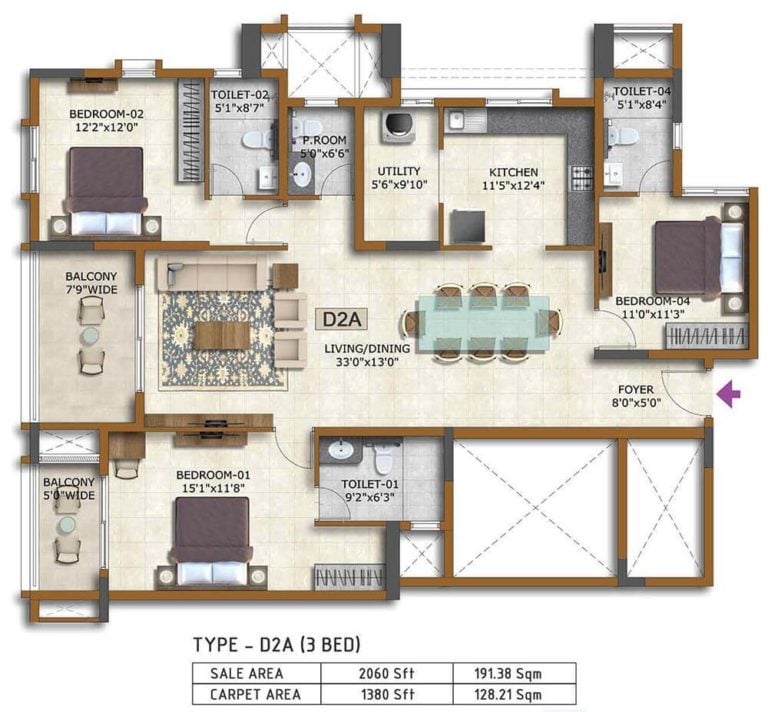 3 BHK 2060 - Prestige Waterford ECC Road Whitefield
