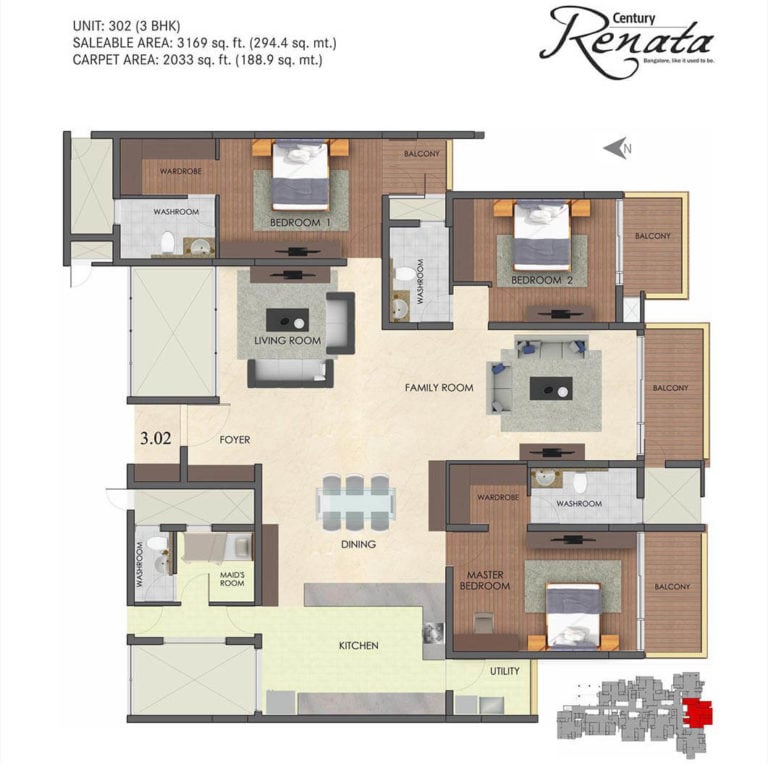 3 BHK - 3169 - Century Renata Richmond Road