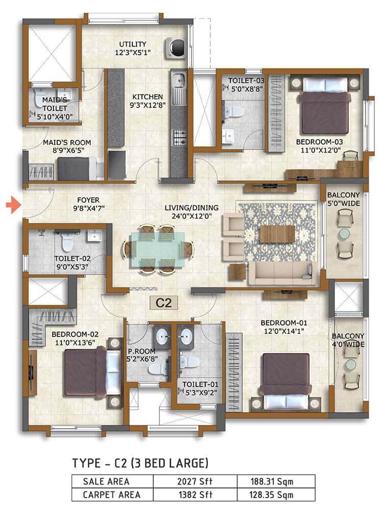 3 BHK Large 2027 - Prestige Waterford ECC Road Whitefield