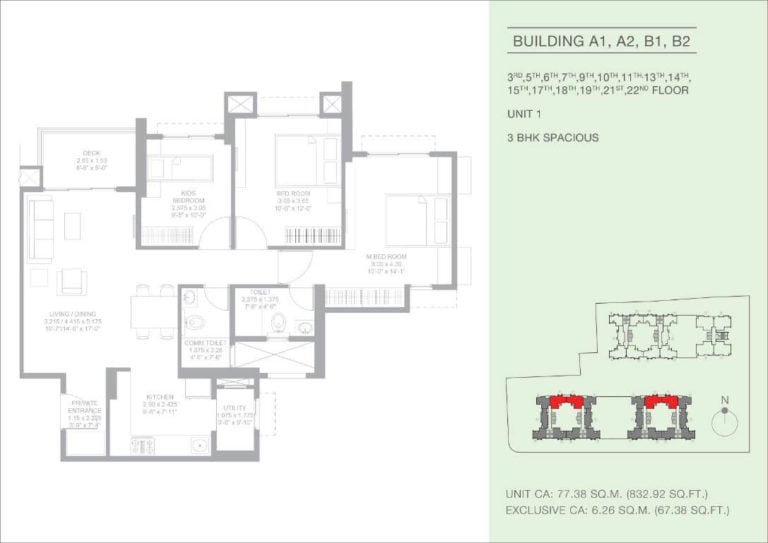 3 BHK Spacious - 832 CA - Godrej Green Glades Garden City