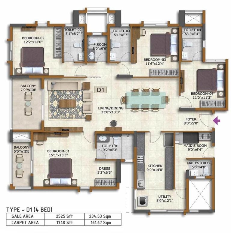 4 BHK 2525 - Prestige Waterford ECC Road Whitefield