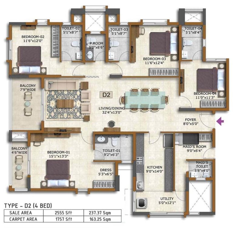 4 BHK 2555 - Prestige Waterford ECC Road Whitefield