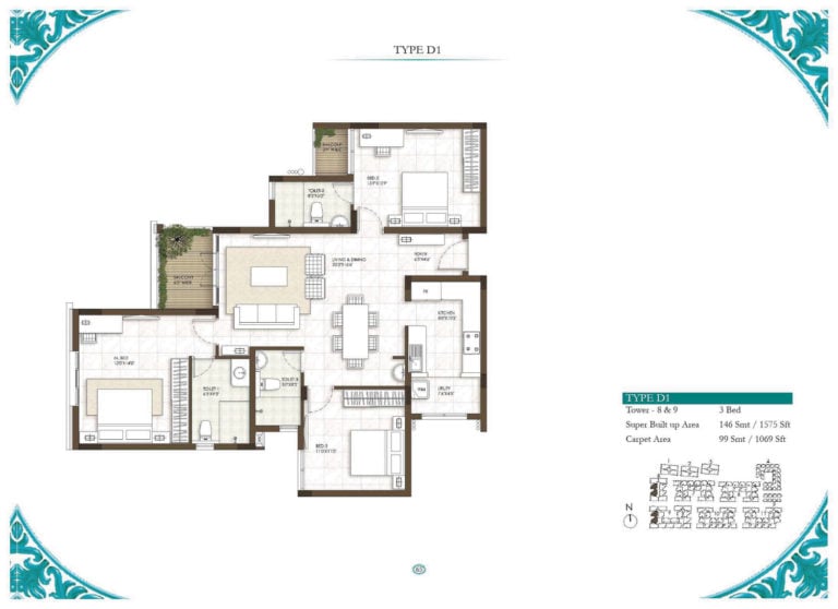 3 BHK - 1575 - Prestige Courtyards Chennai