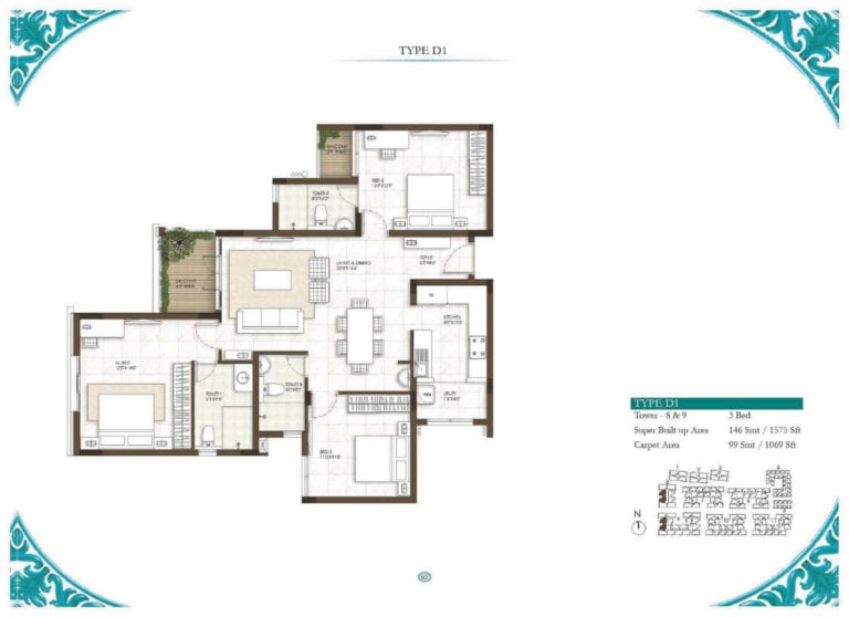 3 BHK - 1575 - Prestige Courtyards Chennai