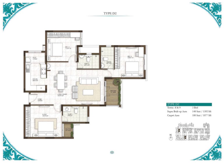 3 BHK - 1592 - Prestige Courtyards Chennai