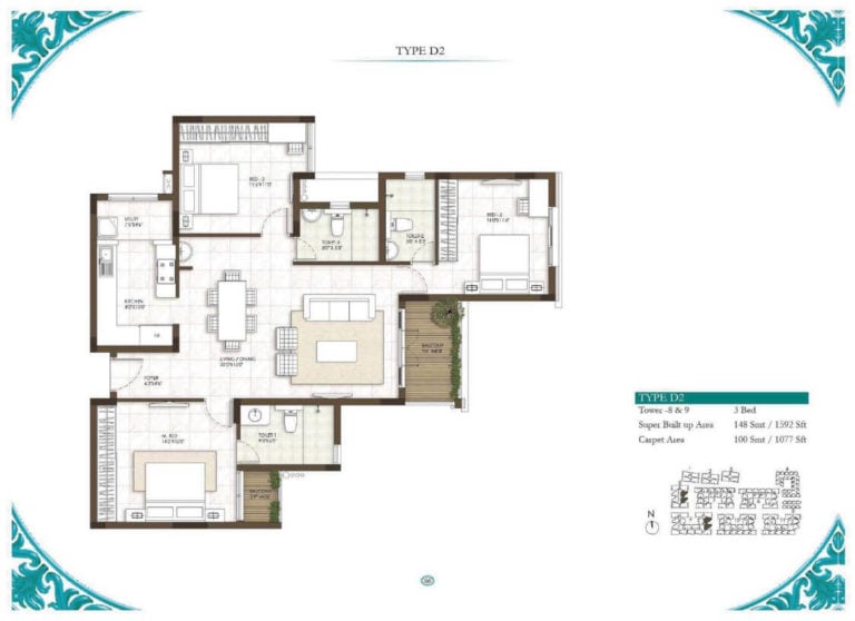 3 BHK - 1592 - Prestige Courtyards Chennai