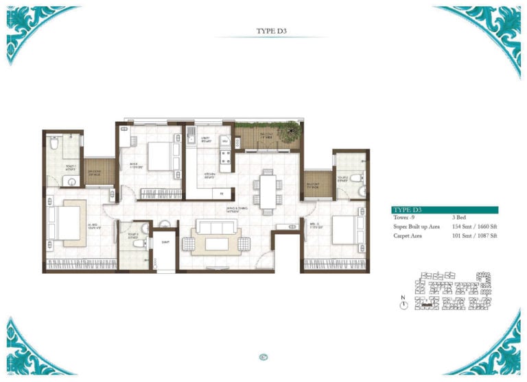 3 BHK - 1660 - Prestige Courtyards Chennai