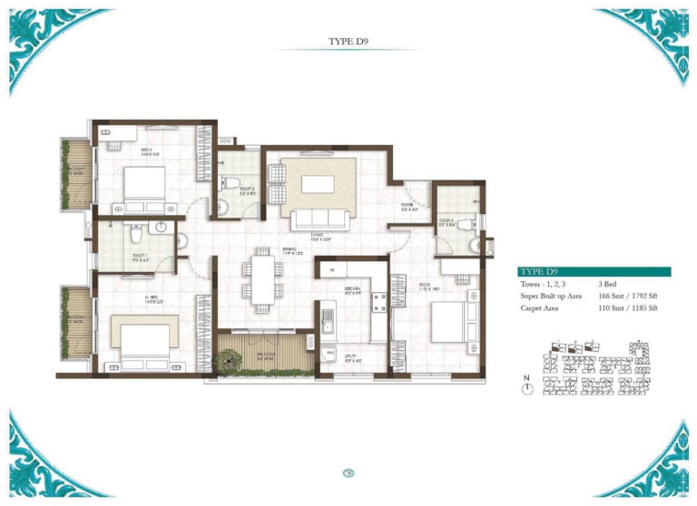 3 BHK - 1792 - Prestige Courtyards Chennai