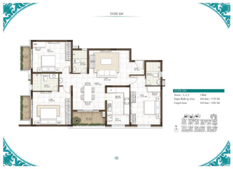 3 BHK - 1792 - Prestige Courtyards Chennai