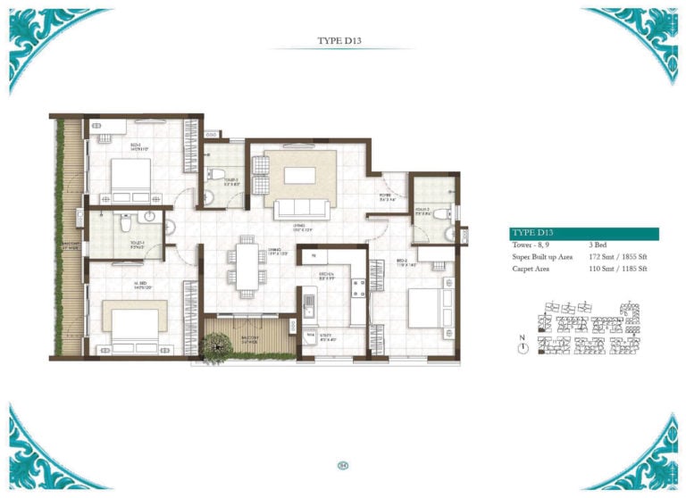 3 BHK - 1855 - Prestige Courtyards Chennai