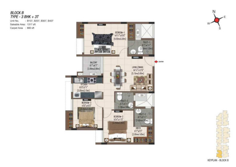 3 BHK 3T 1317 - Casagrand Sereno Chennai