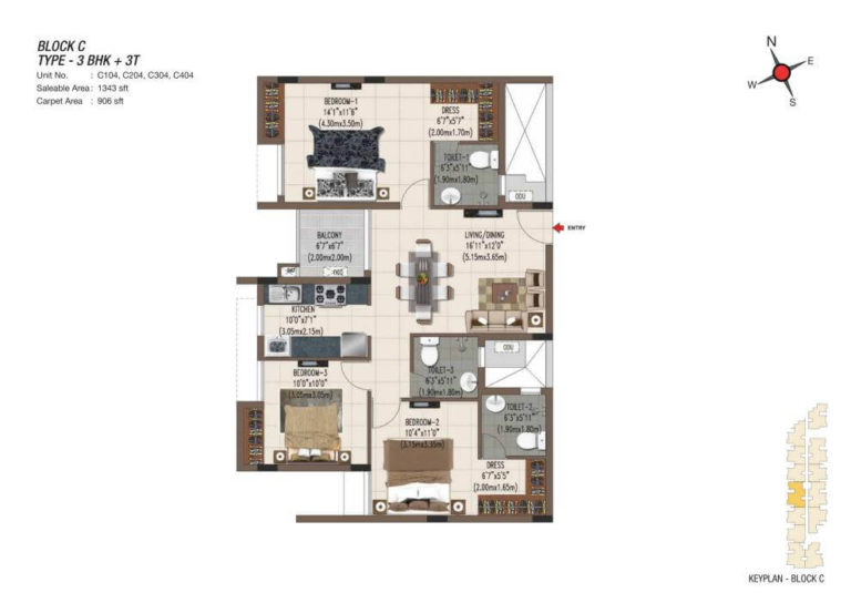 3 BHK 3T 1343 - Casagrand Sereno Chennai