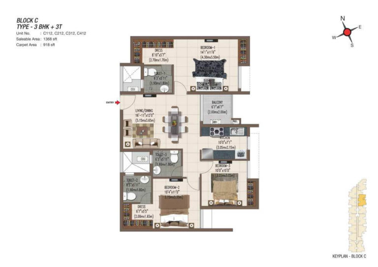 3 BHK 3T 1368 - Casagrand Sereno Chennai