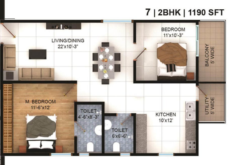 2 BHK - 1190 - Vasavi Lake City