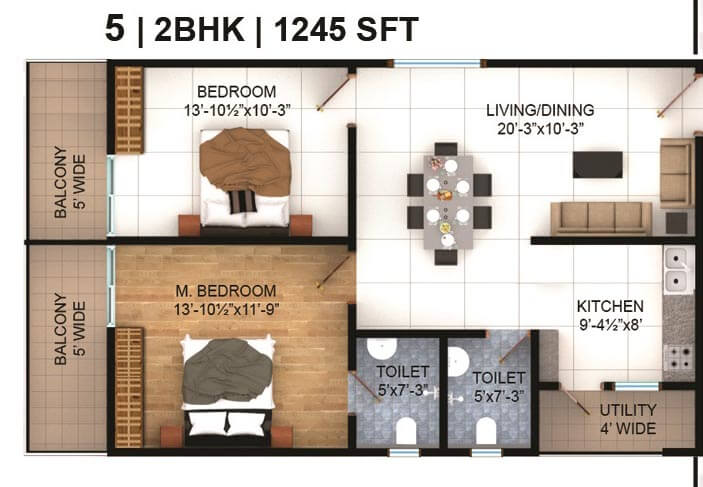 2 BHK - 1245 - Vasavi Lake City