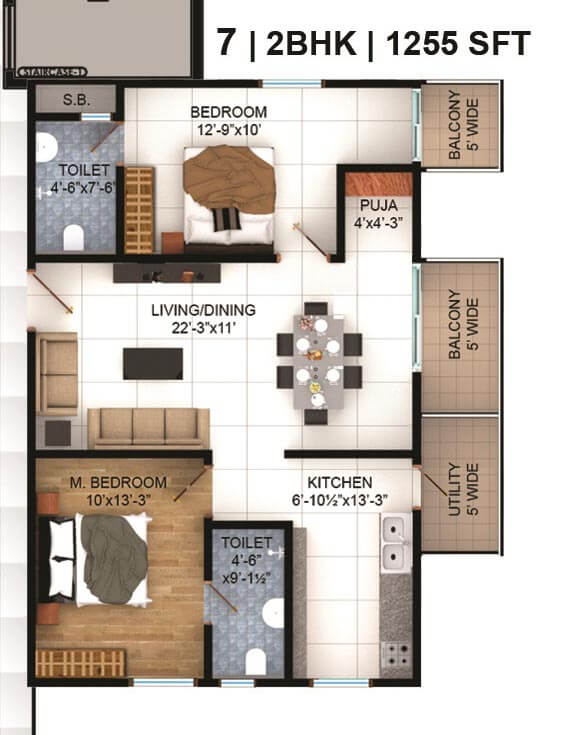 2 BHK - 1255 - Vasavi Lake City