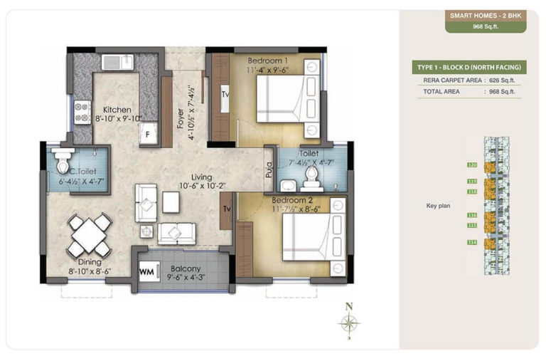 2 BHK - 968 - TVS Emerald Green Enclave
