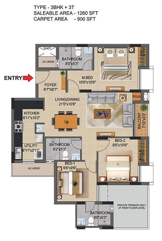 3 BHK - 1260 - CasaGrand Supremus Chennai