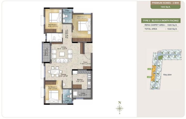 3 BHK - 1542 - TVS Emerald Green Enclave