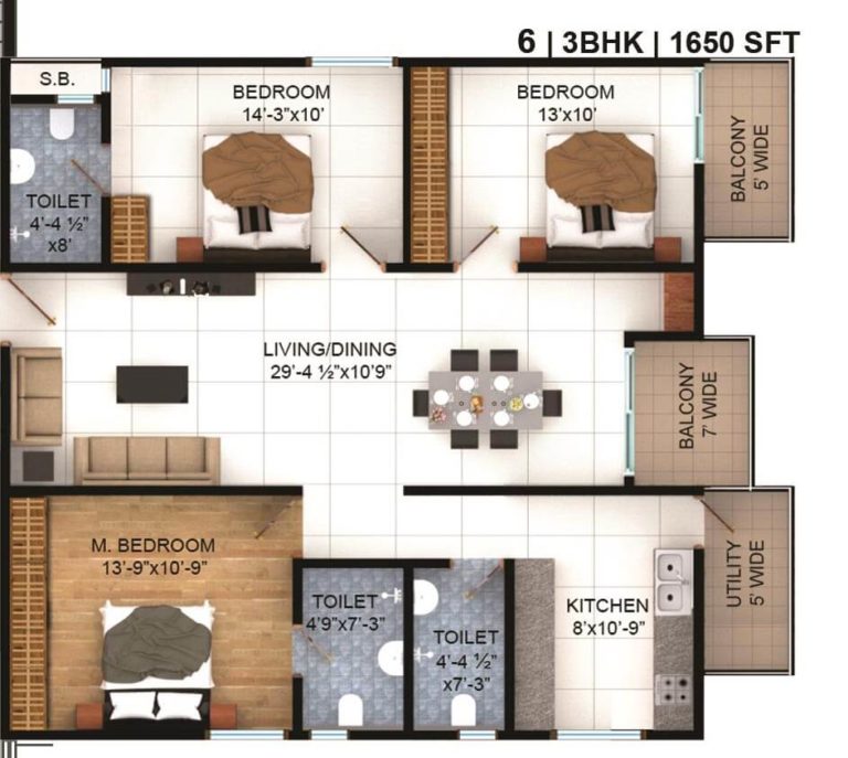 3 BHK - 1650 - Vasavi Lake City