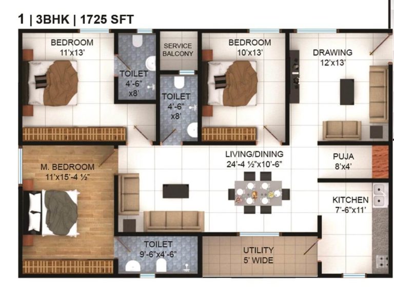 3 BHK - 1725 - Vasavi Lake City