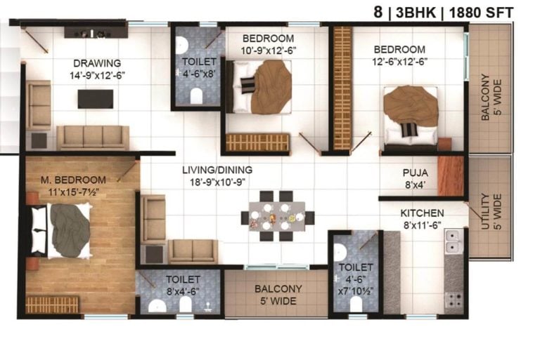 3 BHK - 1880 - Vasavi Lake City