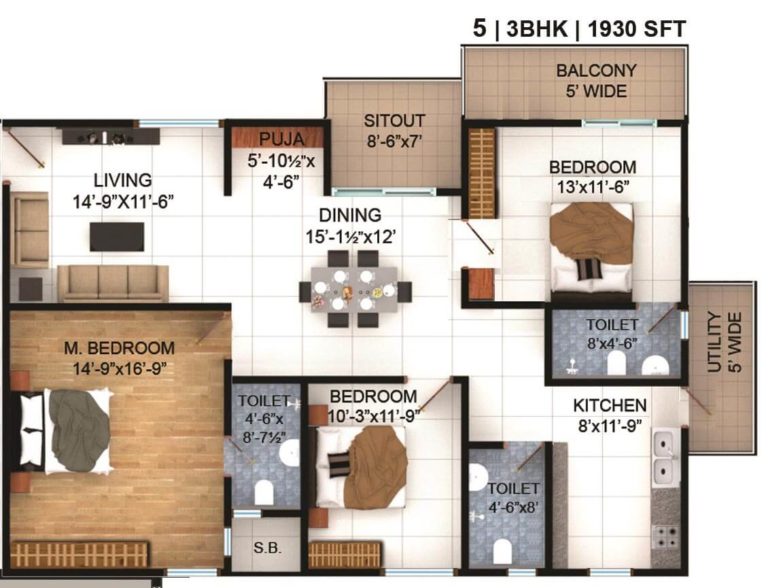 3 BHK - 1930 - Vasavi Lake City