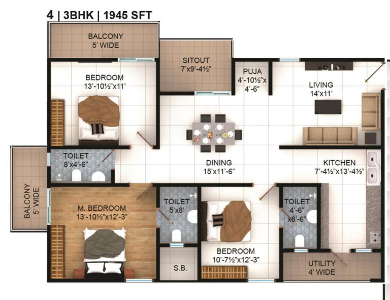 3 BHK - 1945 - Vasavi Lake City
