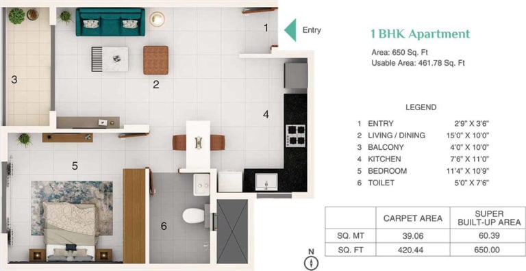 1 BHK - 650 - Adarsh Greens Kogilu