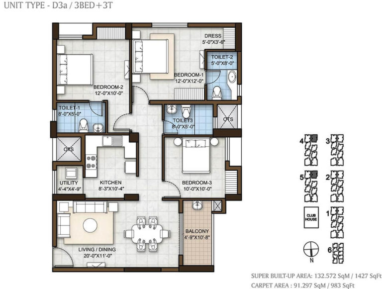 3 BHK 1427 - Prestige Windsor Park Chennai