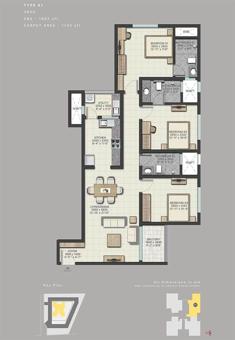 3 BHK 1682 - Sobha City Athena