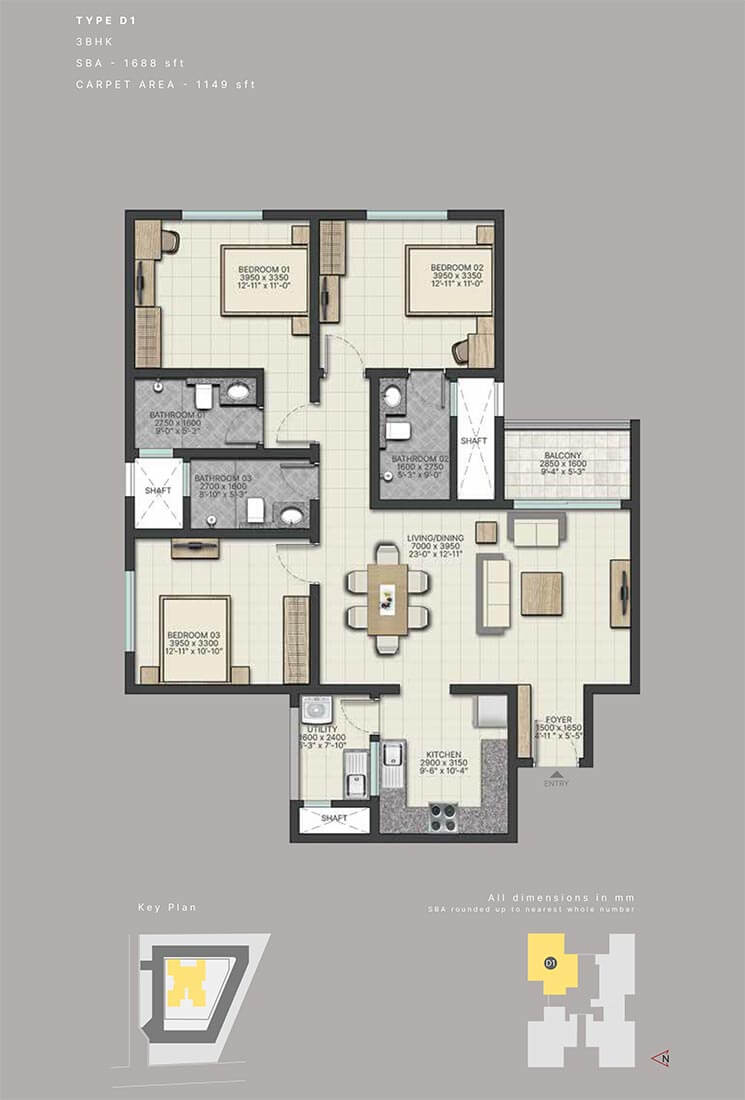 3 BHK 1688 - Sobha City Athena